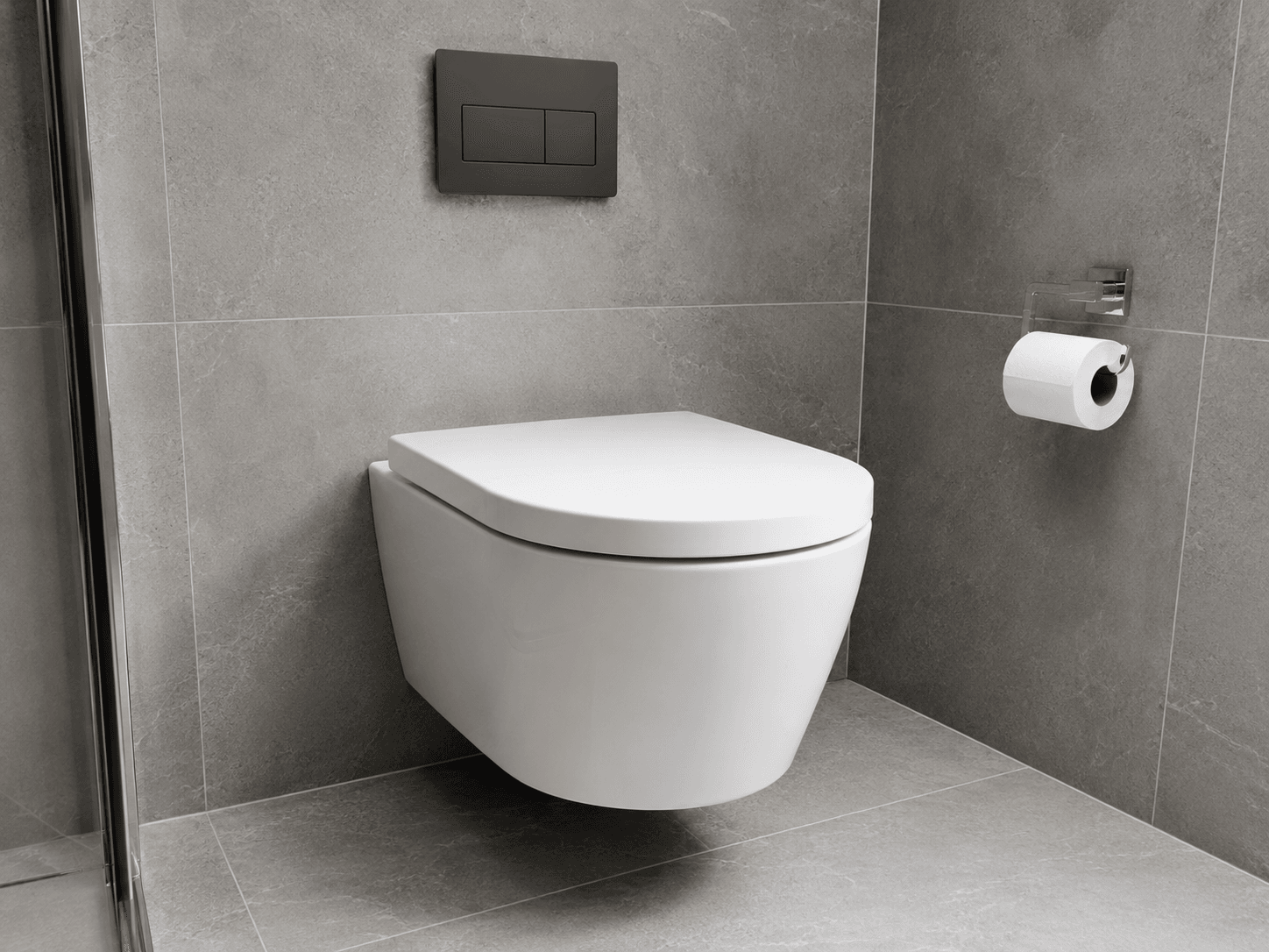 Detail osadeného závesného WC a splachovacieho tlačidla